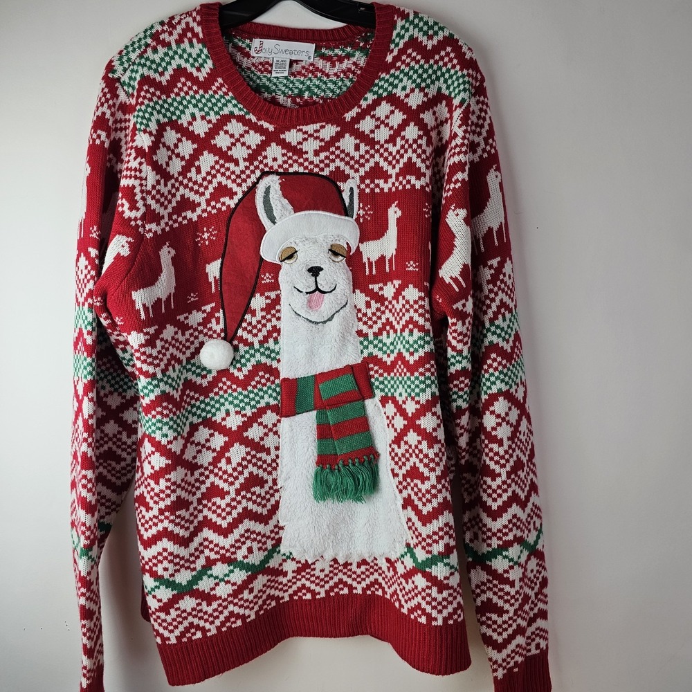 Jolly Sweaters Mens Holiday XL Red Green Ugly Christmas Knit Llama Alpaca 3D LS